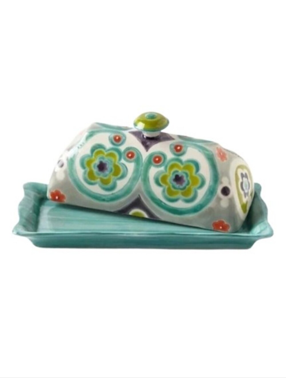 Anthropologie Okuno  Butter Dish with Lid Green Floral Boho Eclectic